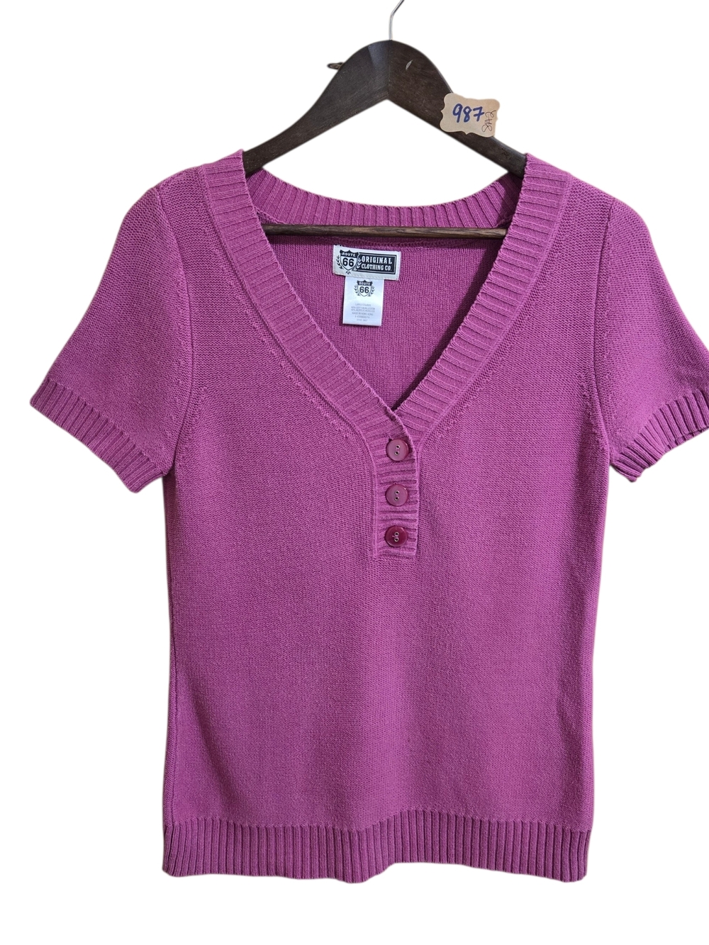 Vintage Route 66 Purple Short Sleeve V-Neck Button Knit Top